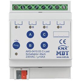 Reiheneinbaugerät Schaltaktor 4-fach, 4TE, REG, 10 A, 230 V AC, C-Last, Standard, 140 µF